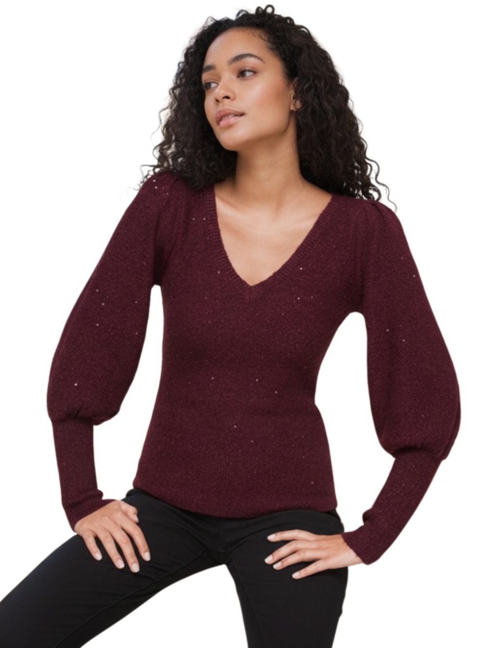 White House Black Market Merlot Micro Sequin V-Neck Puff Sleeve Sweater (L)